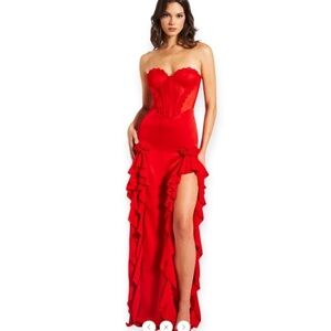 Talia Red Satin Lace Corset Maxi Party Cocktail Christmas Dress Gown SZ Small